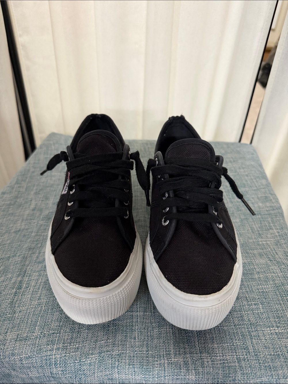 Superga Black Canvas Platform Sneakers with White Soles